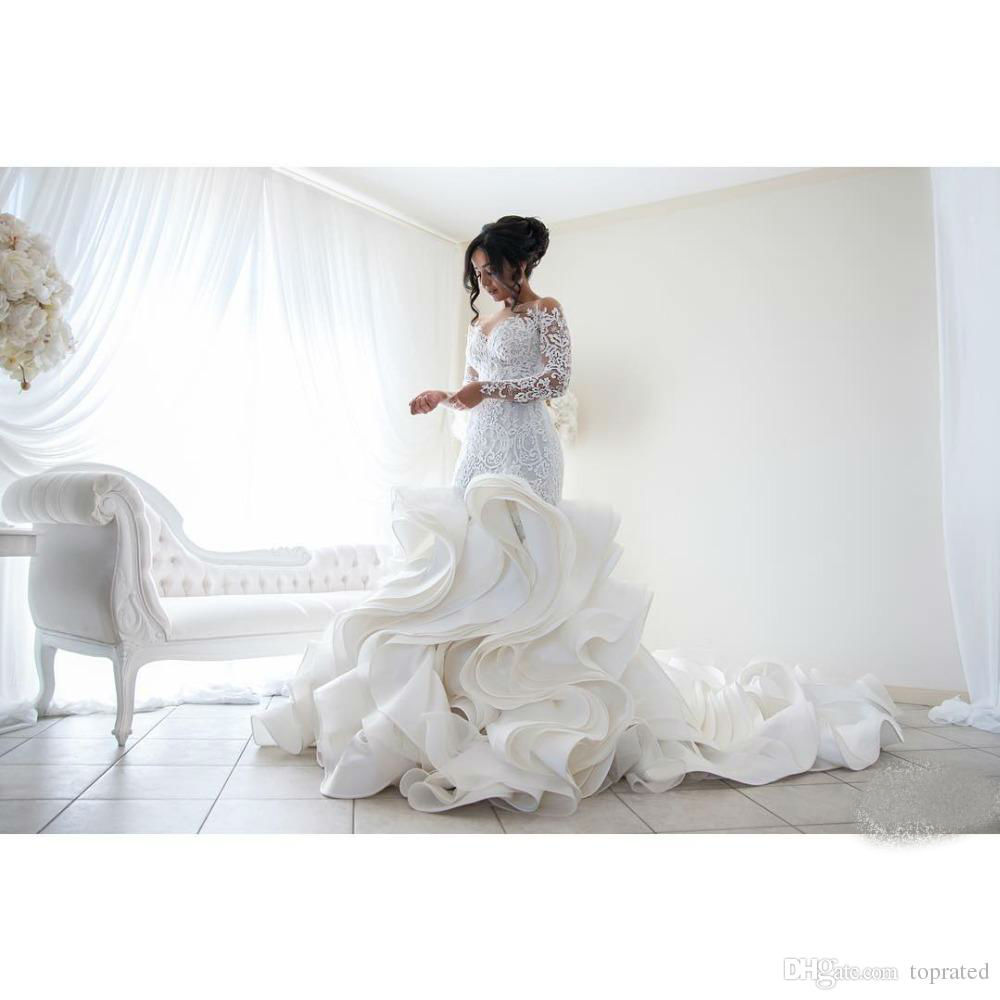 plus size mermaid wedding dresses long sleeve lace applique cascading ruffles bridal gowns with court train vintage wedding dress
