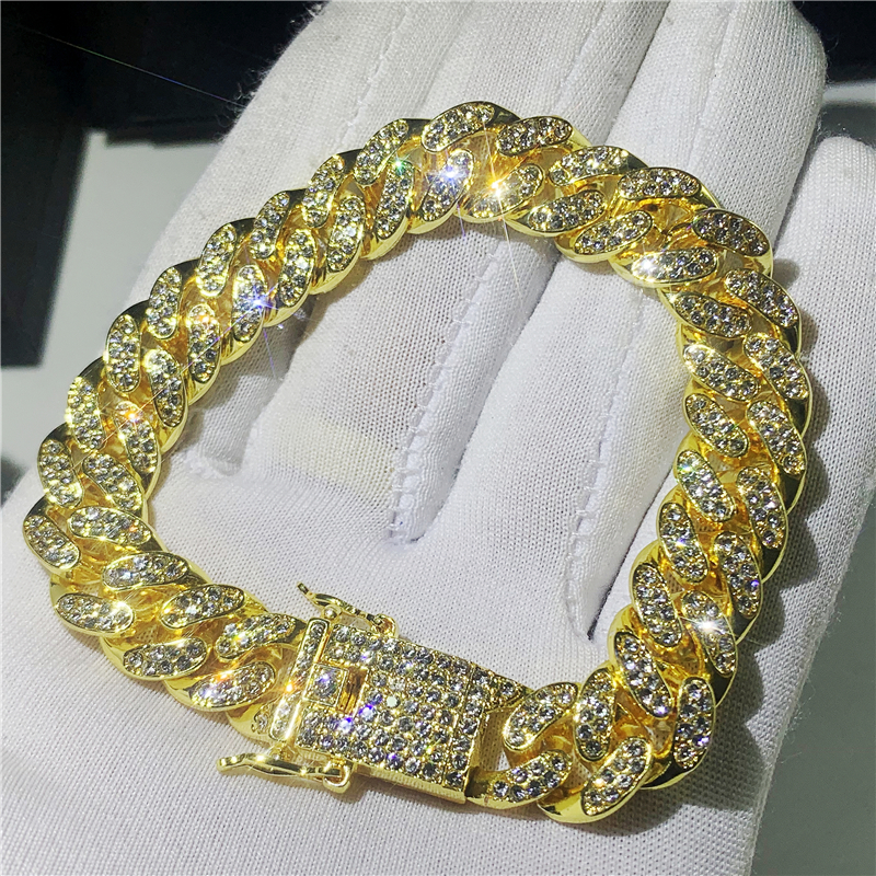 Mens Hip Hop Gold Bracelets Simulated Diamond Bracelets Jewelry Fashion Iced Out Miami Cuban Link Chain Bracelet