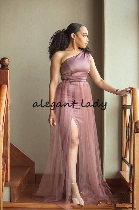 Bean Paste African Long Bridesmaid Dresses 2020 One-shoulder Plus Size Tulle Stain High Slit Maid Of Honor Wedding Guest dress