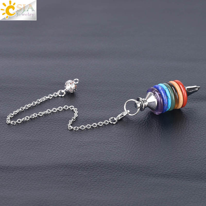 7 Color Round Hollow Stone Layer Pendulum Dowsing Divination Healing Chakra Chain Yoga Balancing Reiki Pendant Jewelry