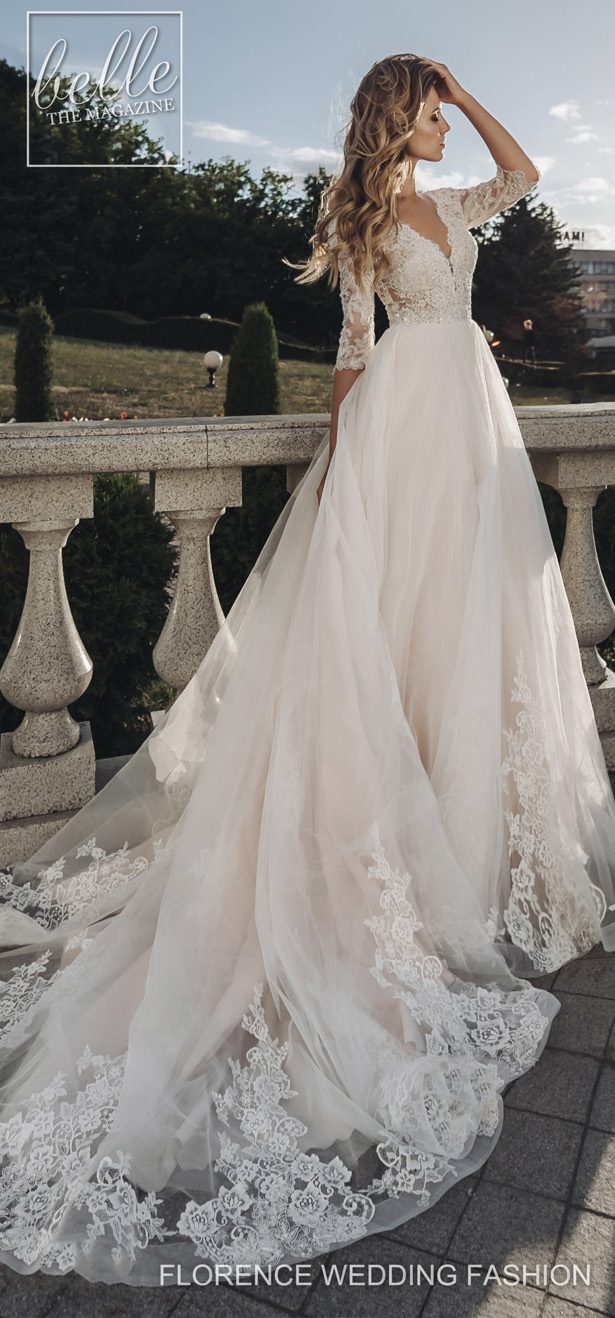 bohemian florence wedding dresses v neck lace appliques 3 4 long sleeves tulle long bridal gowns plus size beach robe de marie