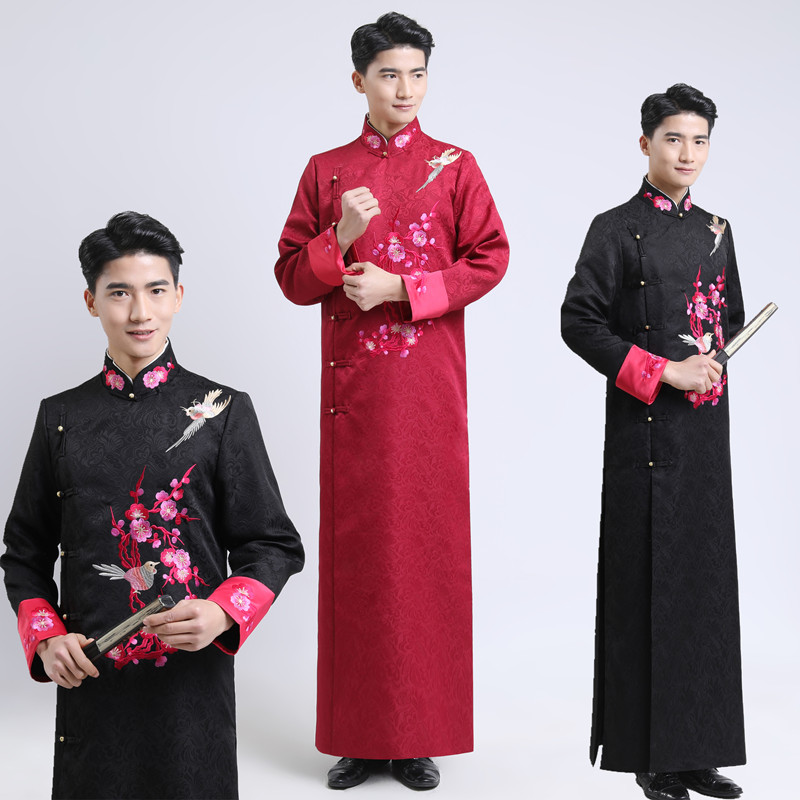 Traditional stand Collar Men ethnic Wedding clothing Bridegroom Embroidered ancient Chinese cheongsam male long gown Vestidos