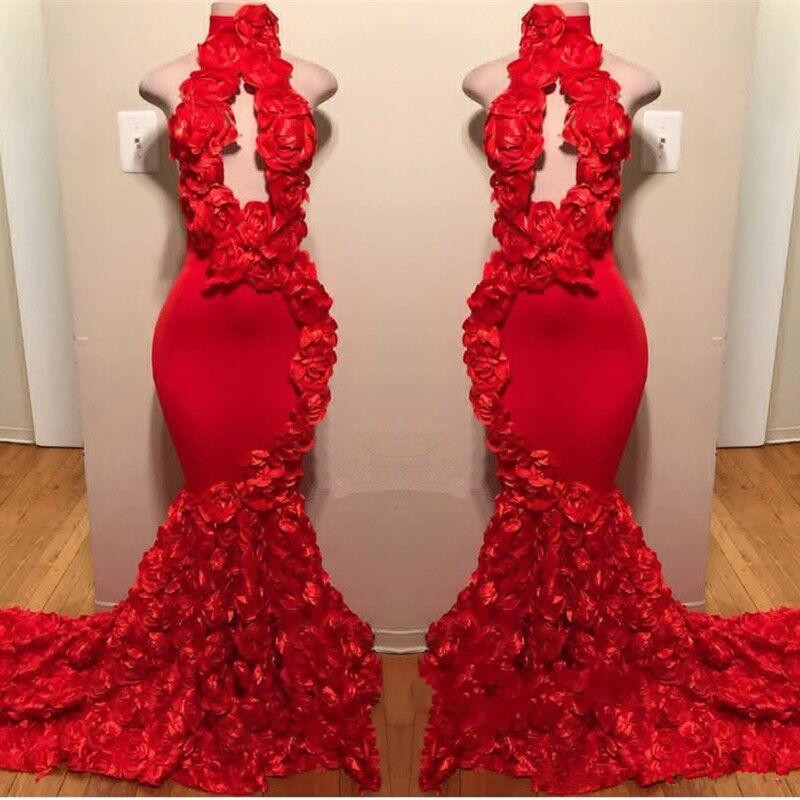 red new mermaid prom dresses appliques high neck sexy formal evening dresses sweep train satin luxury fashion cocktail party gowns