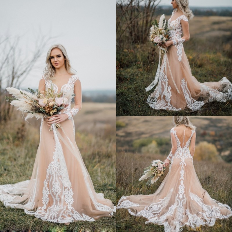Beach New Garden Dresses Lace Long Sleeve Appliqued Bridal Gowns Boho Tulle A e Wedding Dress Robe De Mariee