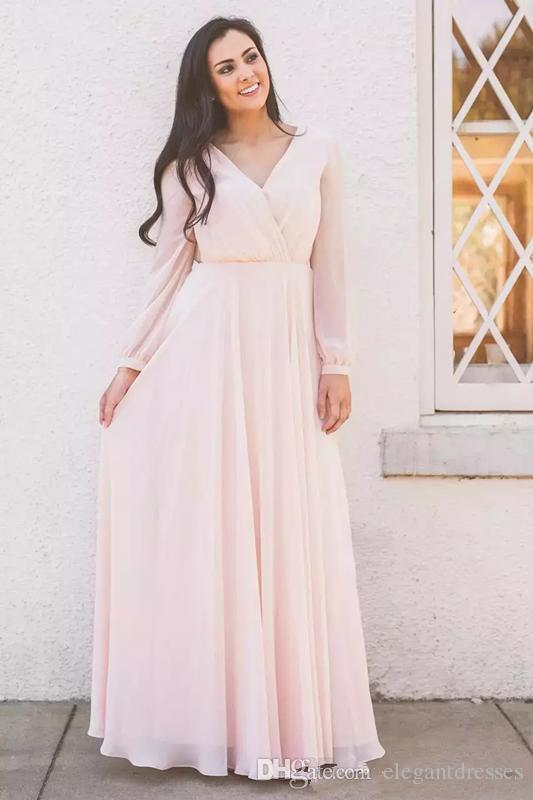Long Sleeves Cheap A-E Dresses V-Neck Chiffon Or Length Custom Robe De Honor Of Maid Bridesmaids Plus Size Maxi Dress Lz0304