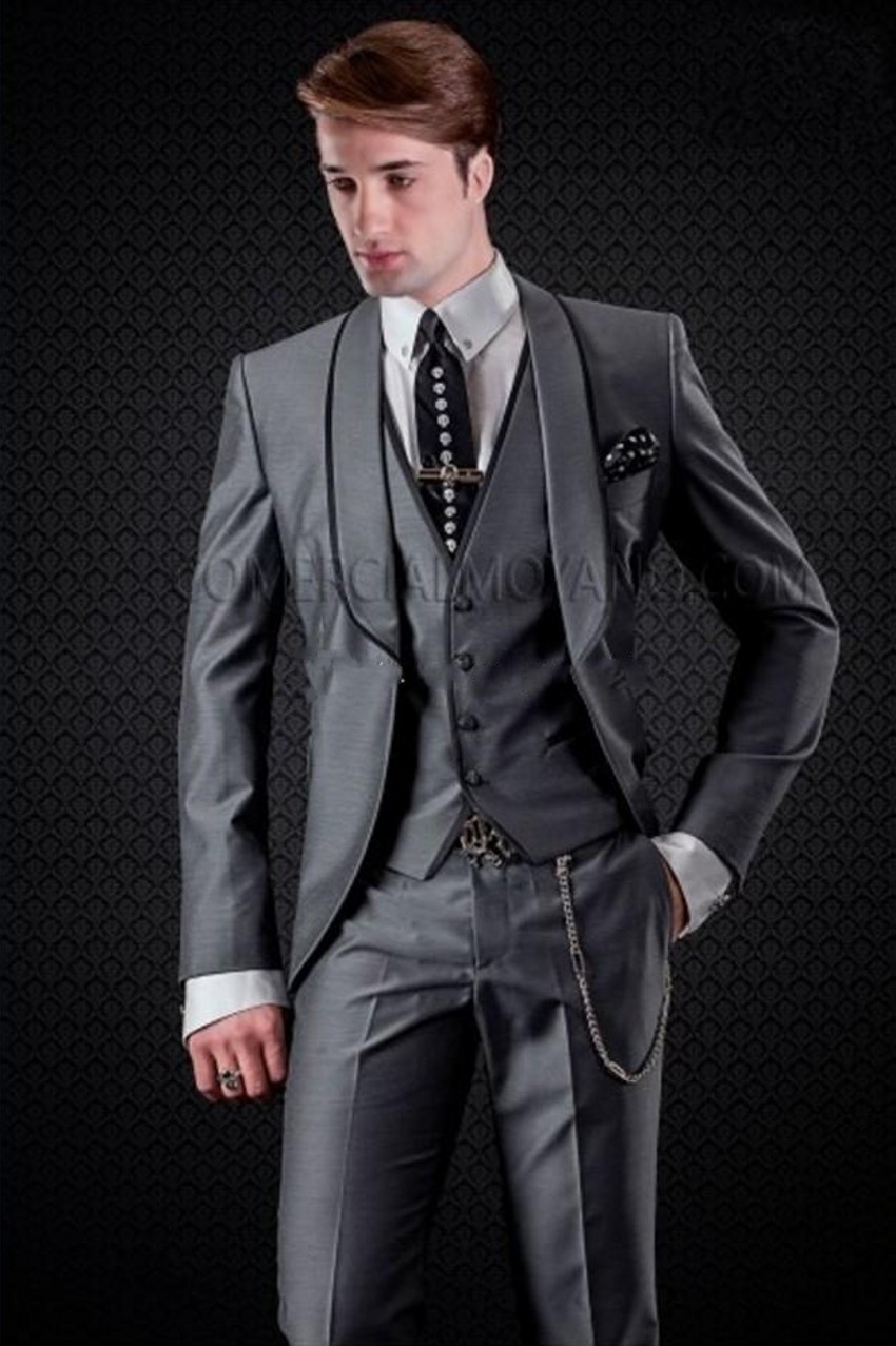 Grey Groom Tuxedos Shawl Lapel Groomsman Wedding Dress Jacket Blazer Best Fashion Men Business Prom Party Suit(Jacket+Pants+Tie+Vest) 2263