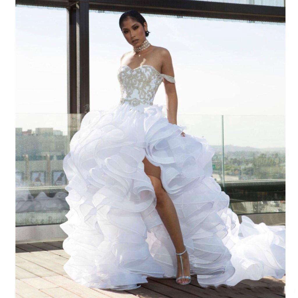 Luxurious Split High Low Ruffle Wedding Dresses Lace Organza Tiers Arabic Middle East Plus Size vestido de noiva Bridal Gown Ball For Bride
