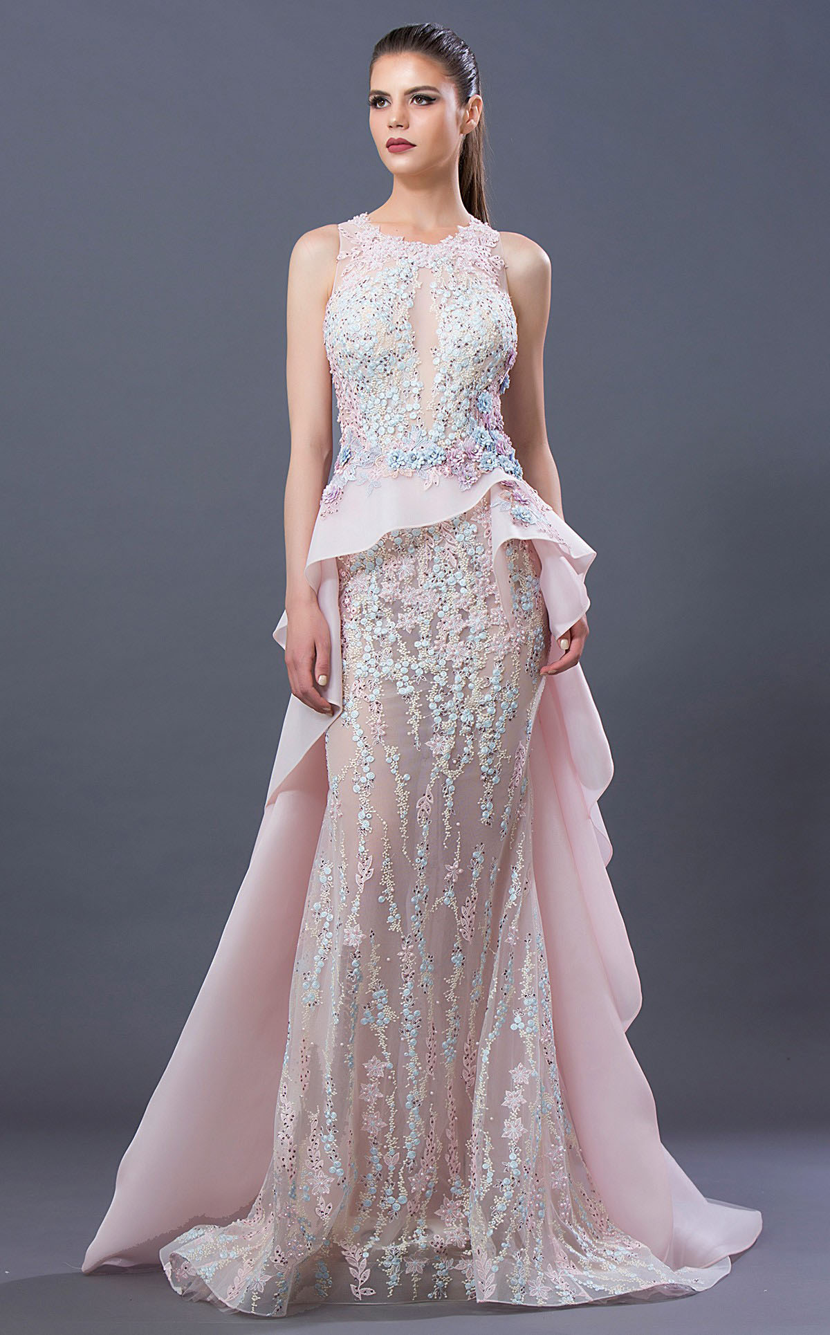 pink new evening dresses illusion jewel neck lace appliqued beads formal prom gowns sweep train party pageant dress