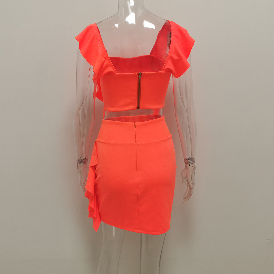 Avv New Solid Ruffle Outfit Casual Holiday Micro 2 Piece Women Summer Neon Green Flare Sleeveless Crop Top And Skirt 2 Piece Set