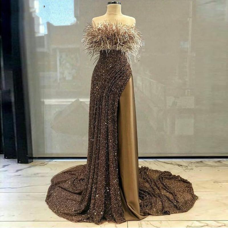 2020 Glitter Prom Dresses Strapless Sequined Feather Sleeveless Long Evening Gown Ruffle High Side Split Custom Made Formal Party Gowns