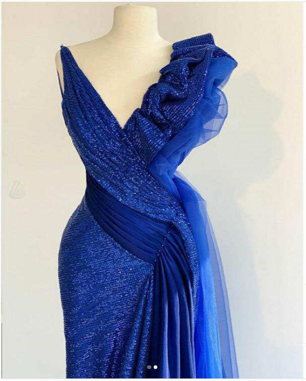 sparkle royal blue evening dresses ruffles sequined sweep sleeveless prom gowns vestidos de gala custom made robes de soire