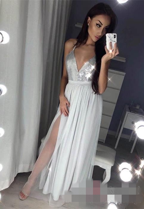 Sexy Sier Sequins Prom Dresses High Side Slit Chiffon Tulle Spaghetti Straps Cheap Long Evening Tail Party Gowns 403