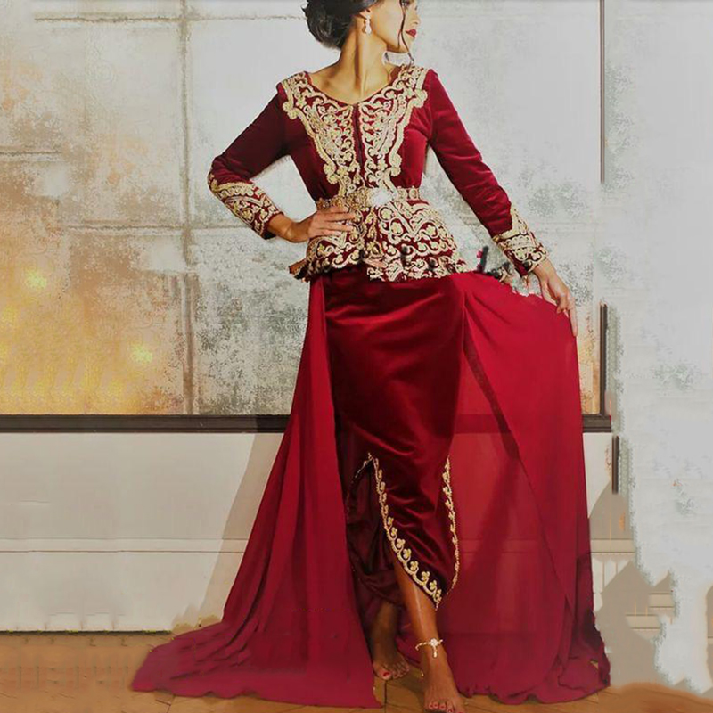 Caftan karakou algerien Formal Prom Dresses with Long Sleeve 2020 Burgundy Velvet Gold Lace Peplum Occasion Evening Gowns