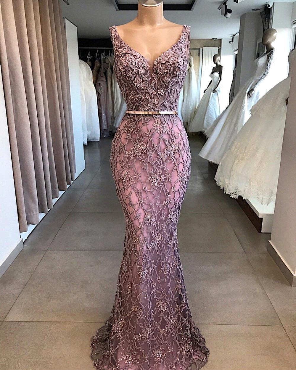 Long Mermaid Prom Dresses 2020 V Neck Lace Appliques Beads African Black Girls Formal Party Evening Gowns Party Wear Real Image