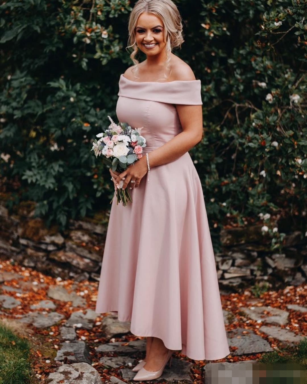 Dusky Pink High Low Bridesmaid Dresses Elegant Off The Shoulder Ankle Length Maid Of Honor Gown Plus Size Custom Made Formal Evening Wear