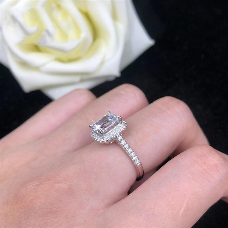 Classical Fine Jewelry Pure 925 Sterling Silver Emerald Cut White Topaz CZ Diamond SONA Gemstones Promise Women Wedding Bridal Ring Gift
