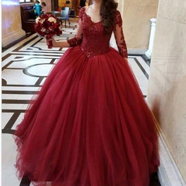 Winter 2018 Stunning Long Sleeve Bridal Wedding Dresses Red Scoop Neck Shiny Beaded Lace Bodice Puffly A Line Tulle Red Wine Wedding Gowns