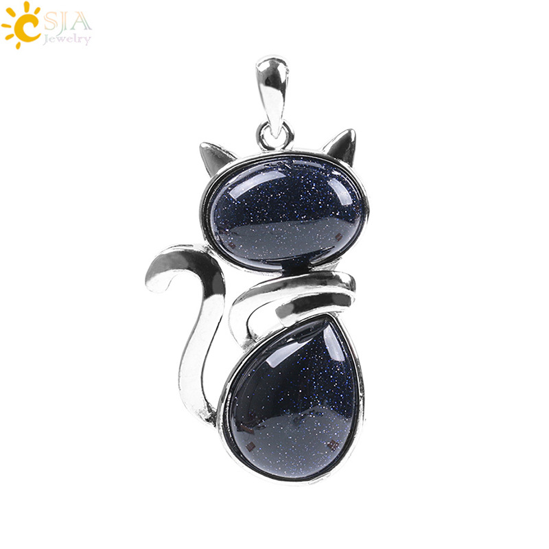 Natural Stone Necklaces Pendants for Women Girl Cute Cat Shape Rock Pink Quartz Black Onyx Beads Chain Reiki Jewelry