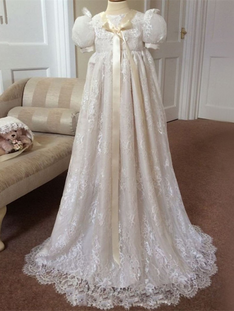 Princess 2019 Latest Christening Gowns For Baby Girls Jewel Neck Lace Appliqued Baptism Dresses Flower Girls Dress With Bonnet