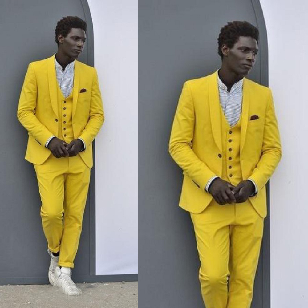 2020 Fashion Yellow Men Wedding Suits Groomsmen Shawl Lapel Groom Tuxedos Mens Wedding Prom Blazer 3 Pieces