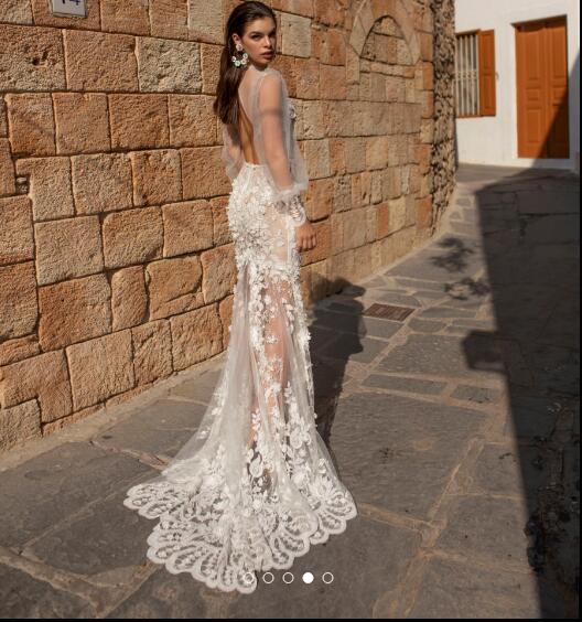 Lian Rokman Mermaid 2020 Wedding Dresses 3D Floral Appliqued Lace Long Sleeve Bridal Gowns Sweep Train Robe De Mariée