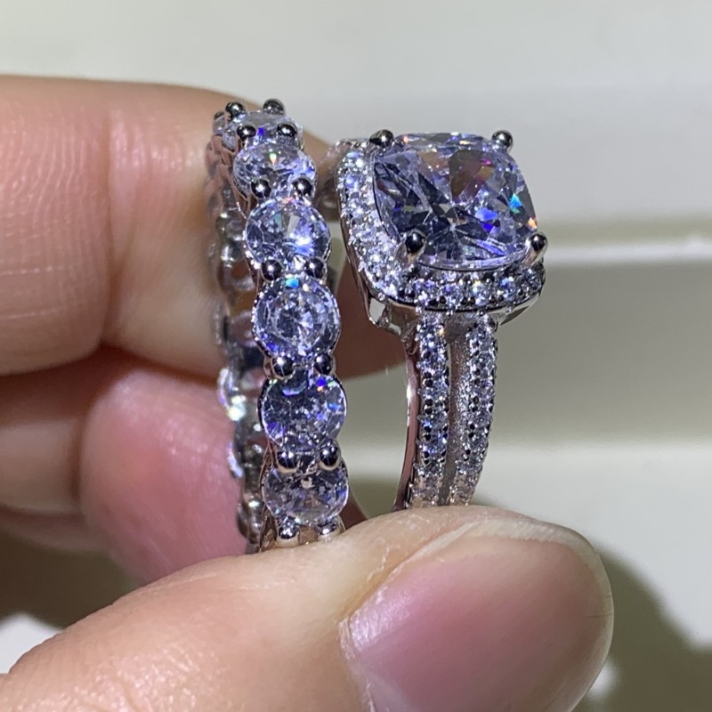 Sterg Sier Couple Rings: Dia Cut Wedding Ring Bridal Set