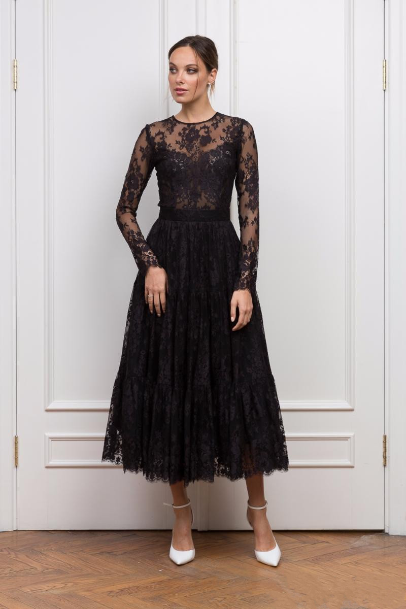 Gothic Black Tea Length Mother of the Bride Dresses Long Sleeve Jewel Neck Wedding Guest Dresses Full Lace Vintage Dress Evening Wear