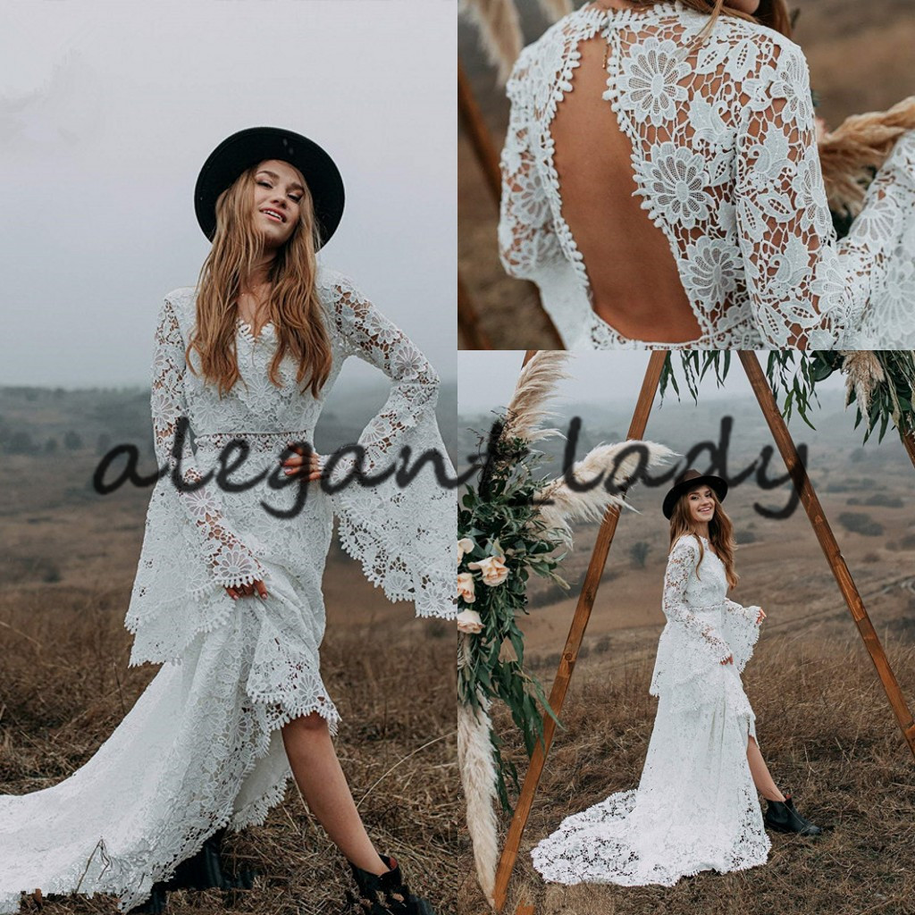 French Macrame Lace Wedding Dresses with Long Bell Sleeves 2023 V-neck Backless Bohemain Country Beach Hippie Bride Dress