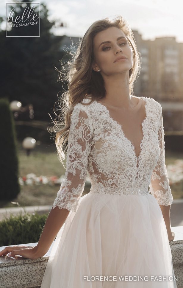 bohemian florence wedding dresses v neck lace appliques 3 4 long sleeves tulle long bridal gowns plus size beach robe de marie