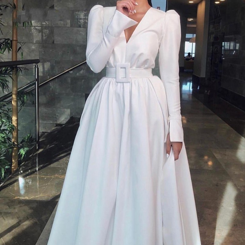 White Satin Long Sleeve Fall Winter Evening Dresses Prom 2020 V-neck Sashes Draped Empire Waist Princess Dresses Evening Wear Long Formal, Dark navy
White Satin Long Sleeve Fall Winter Evening Dresses Prom 2020 V-neck Sashes Draped Empire Waist Princess Dresses Evening Wear Long Formal, Dark navy