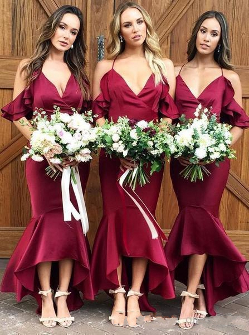 Vintage Burgundy Spaghetti Mermaid Bridesmaid Dresses Off Shoulder Hi-Lo Formal Prom Evening Gown Long Miad Of Honor Dresses