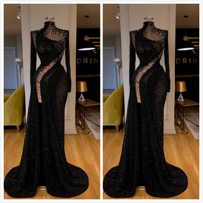 Aso Ebi 2019 Arabic Mermaid Sexy Black Evening Dresses Beaded High Neck Prom Dresses High Split Formal Party Second Reception Gowns ZJ355