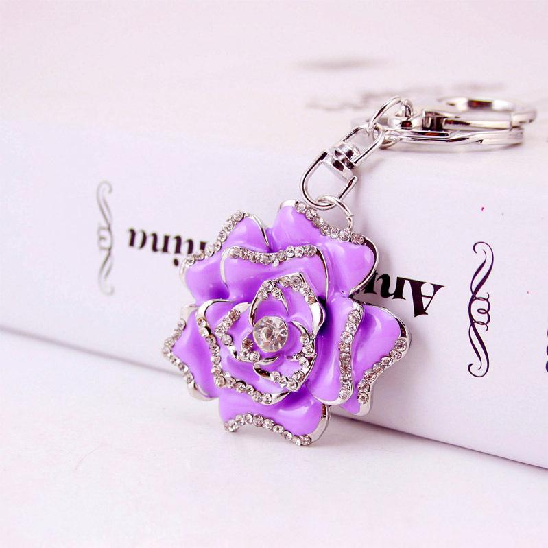 Peony Flower Pendant Key Chain Enamel Alloy Rhinestone Paved Bag Keychain Holder Beauty Floral Metal Car Keys Ring Charms Jewelry Gift Keyring Accesso
