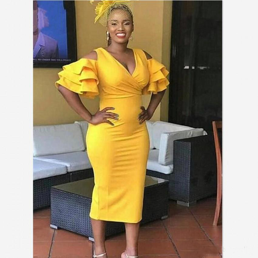 Tea Length Yellow Short Prom Dresses Mermaid With Tiered Ruffles Short Sleeves Deep V Neck Informal Evening Gowns African Dresses