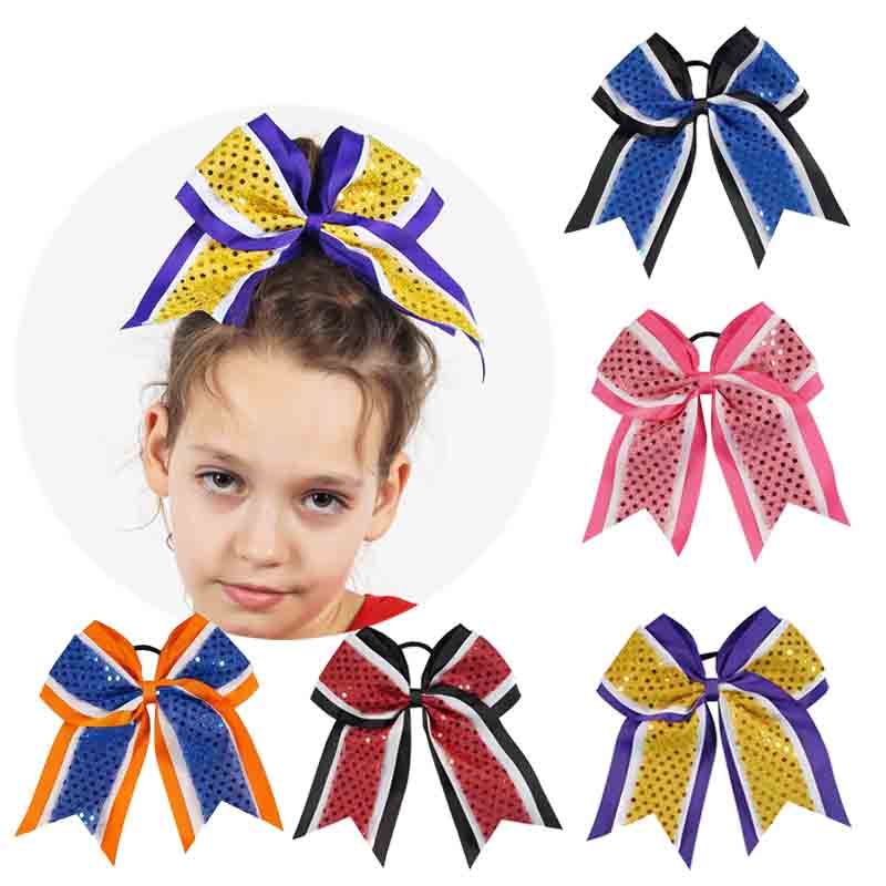 8Pcs/lot 7'' Handmade Three Layer Ribbon Sequins Cheer Bows With Elastic Girls Cheerleading Boutique Hair Accessories