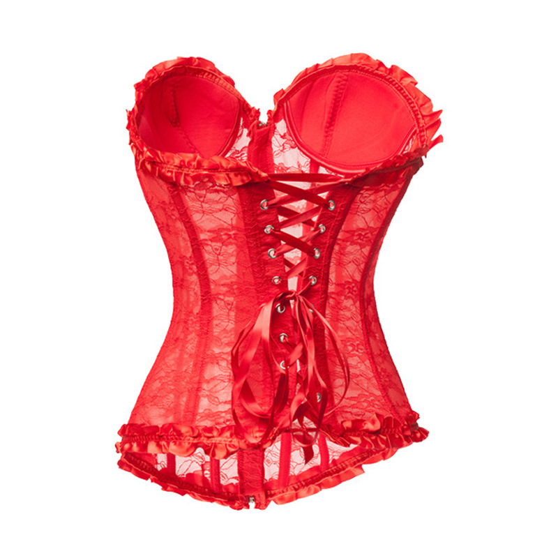 Lace Mesh Zipper Overbust Corset Women Fashion Padded Underwire Cups with Pleated Ruffle Trim Sexy Lace-up White Bridal Corset
