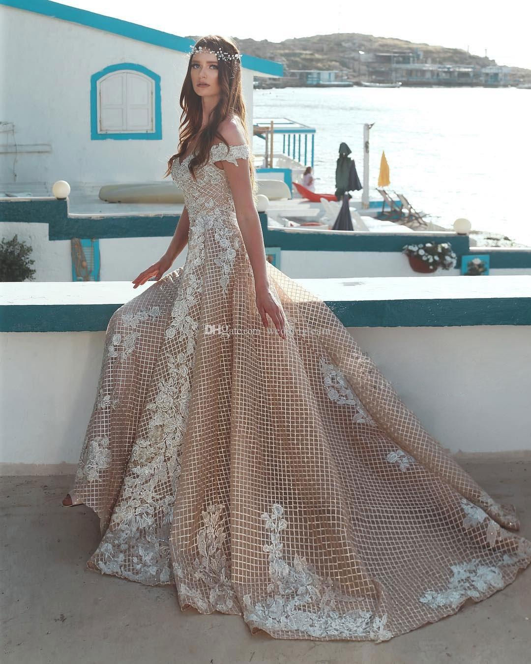 2019 Champagne Overskirt Lace Wedding Dresses Beaded A Line Off Shoulder Beach Bridals Gowns Sequined Bohemian Boho Vestidos De Noiva Custom