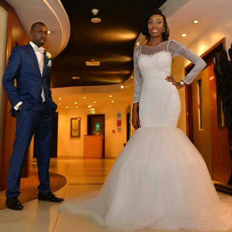Luxury Full Beaded Mermaid Wedding Dresses Sheer Jewel Neck Long Sleeve Bridal Gowns South African Pearls Slim Floor Length Wedding Dress