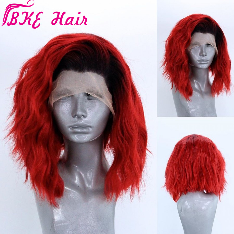 High quality rihanna style natural soft Short Loose natural Waves Black Roots Ombre Red Bob Synthetic Lace Front Wig Free Part for Women