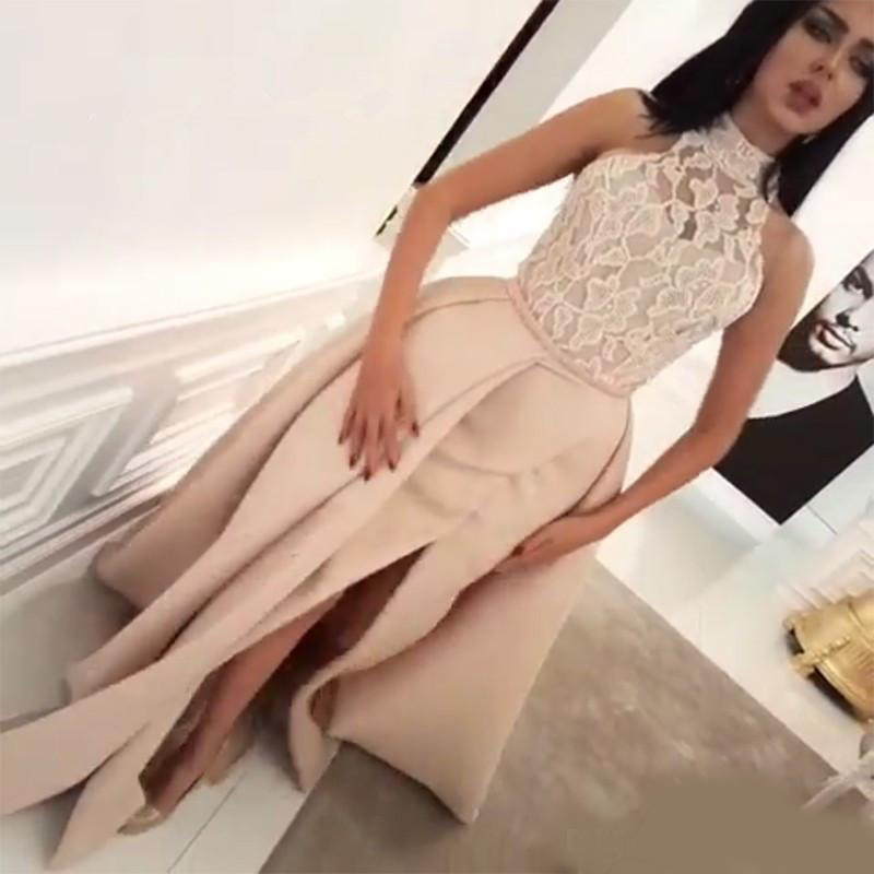 Gorgeous High Neck Long Prom Dresses Lace Beaded Floor Length Side Split Satin Formal Evening Dress Gowns