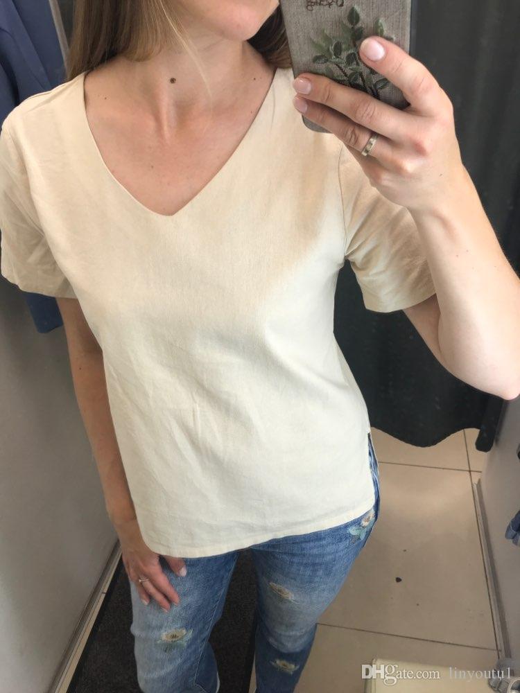 2020 New Fashion V-neck T Shirt Women Flax Basic Female TShirt Summer White Sexy TShirt Women Cotton Vintage Loose Thin T Shirts XXXL