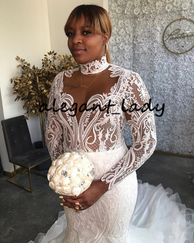 Plus Size Mermaid Wedding Dresses with Long Sleeve 2020 High Neck Cascading Ruffles African Arabic Lace Applique Trumpet Wedding Gown