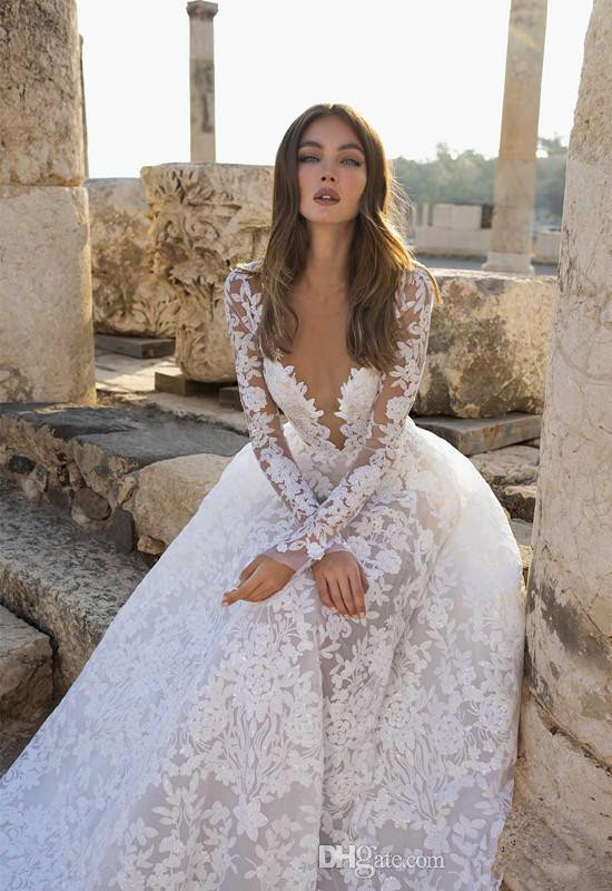 elegant a line wedding dresses lace appliqued beach wedding dress v neck long sleeves backless bohemia plus size bridal gown