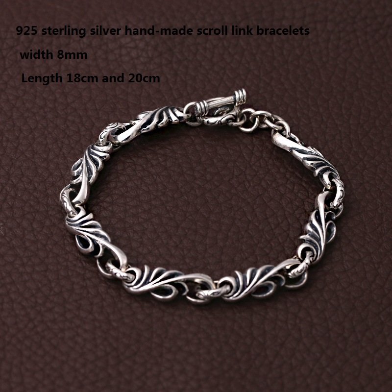 Personalized 925 sterling silver jewelry antique silver American European hand-made designer scroll link chain bracelets for men women
