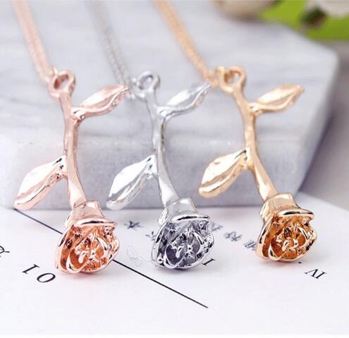 Fashion Jewelry Collier Pink Gold Rose Statement Pendant Necklace Women's Beauty and Beast Jewelry Lovers Gift GB70