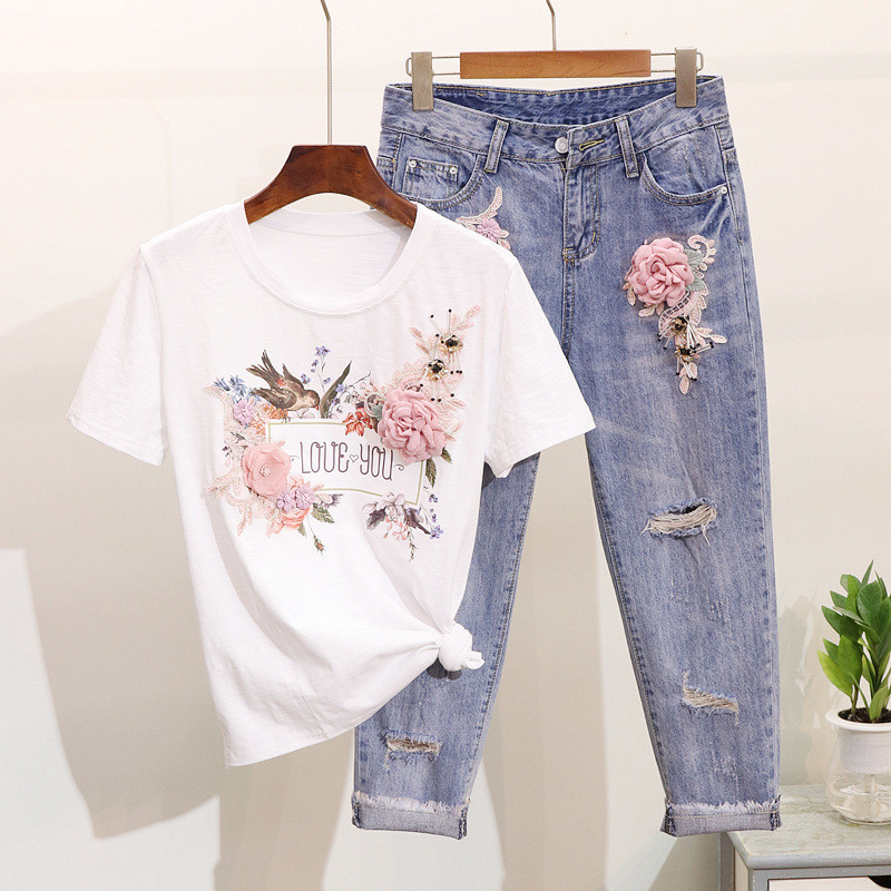 Luosha Women 2019 2pcs Summer Stylish Embroidery 3d Flower Short Sleeved Tshirt+heavy Work Jean Rippered Hole Denim Pants Suit Y19062201