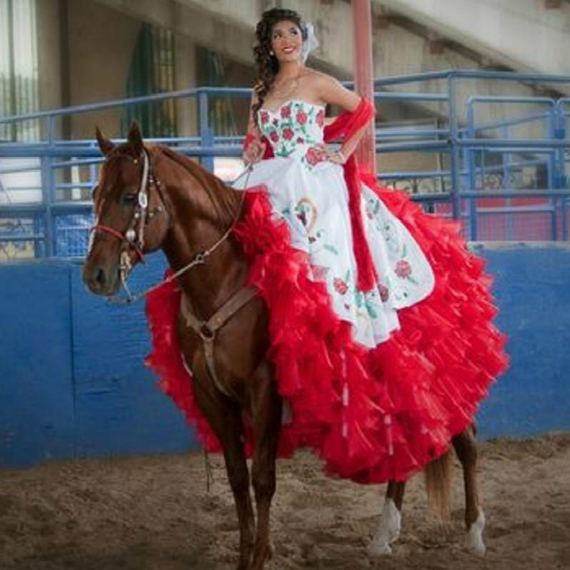 Mexican Embroidery Quinceanera Dresses White And Red Corset Back Sweet 16 Dress 2020 Princess Tiered Organza Ball Gown Prom Dresses Cheap