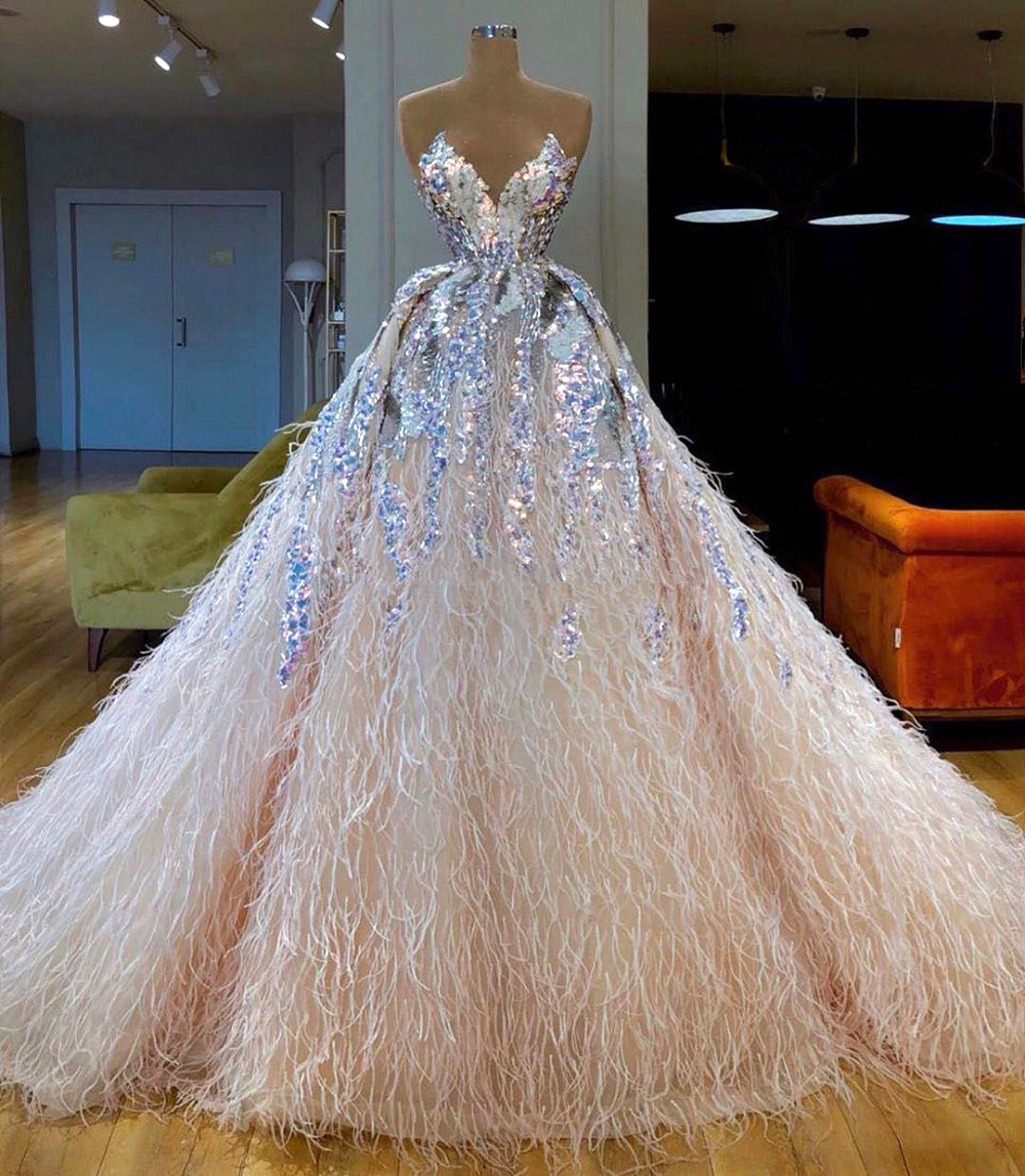 Dubai Luxury Feather Evening Dresses 2020 Sparkle Sequins Sweetheart Modern Prom Gowns Vestido De fiesta Formal Dress