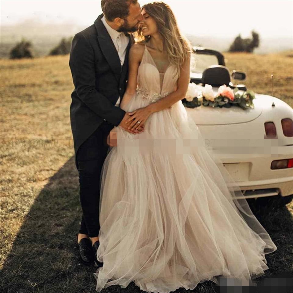 Beach Newest Dresses V Neck Spaghetti Strpas Tulle Beads Crystal Floor Length Country Wedding Gowns Vestido De Novia Estido