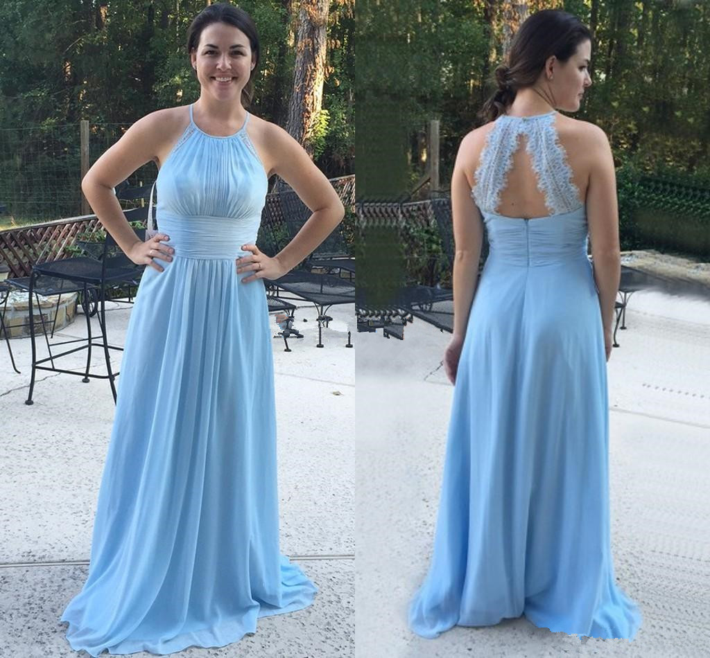 Light Sky Blue Bridesmaid Dresses Halter Sweep Train Chiffon Lace Draped Country Beach Bohemian Garden Wedding Guest Dress B80
Light Sky Blue Bridesmaid Dresses Halter Sweep Train Chiffon Lace Draped Country Beach Bohemian Garden Wedding Guest Dress B80